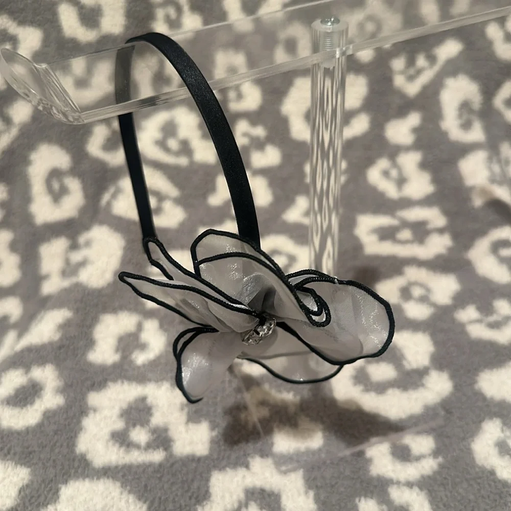 Tasha Black Band with Elegant Sheer White Flower with Clear Rhinestone Headband - Picture 12 of 17